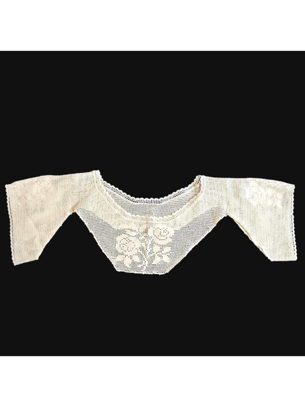 Vintage Antique Filet Crochet Lace Collar Dress Yoke Rose Motif Cream Cotton